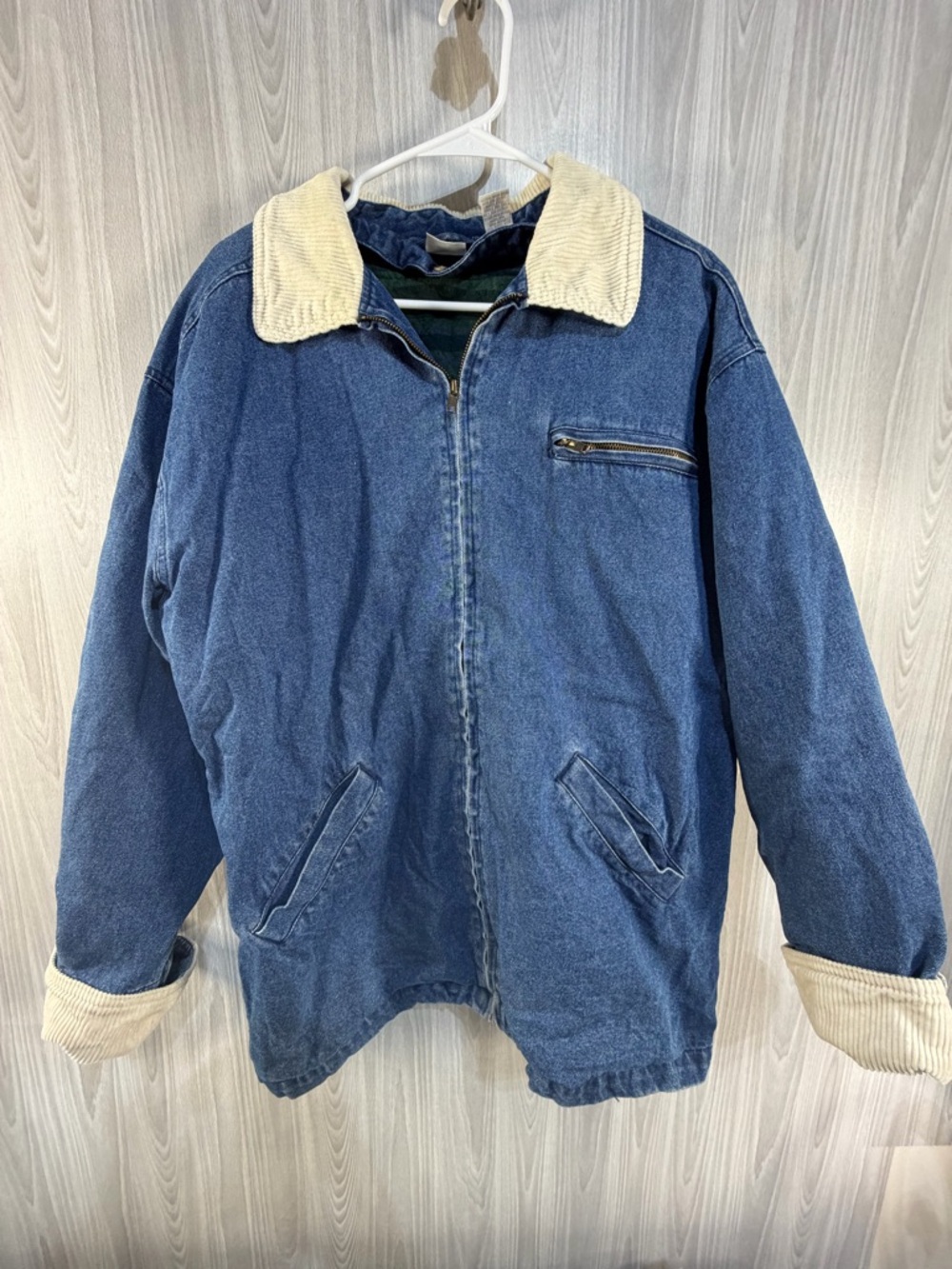 Vintage Cherokee Denim Barn Jacket Chore Coat Corduroy Accents Lined Flannel SzL